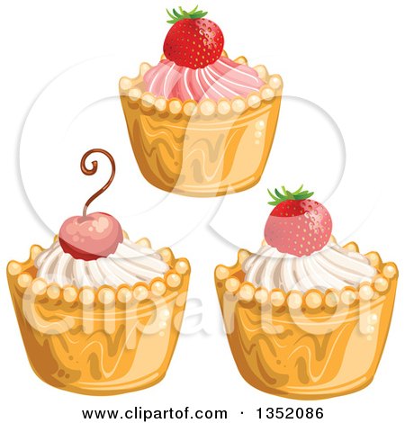 Clipart of Cupcakes or Tarts with Frosting, Strawberries and a Cherry - Royalty Free Vector Illustration by merlinul