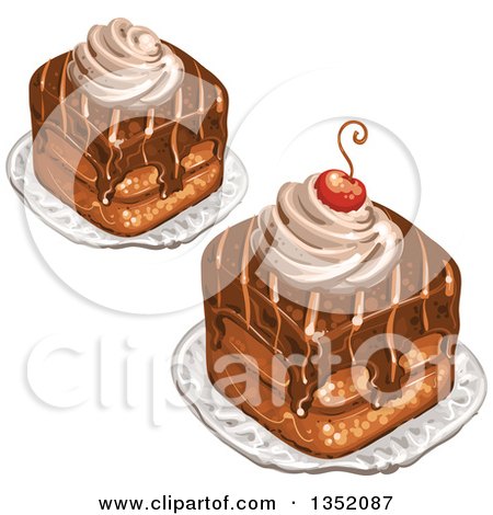 Clipart of Square Chocolate Cakes Topped with a Cherry and Cream - Royalty Free Vector Illustration by merlinul