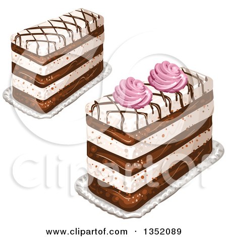 Clipart of Rectangular Layered Cakes Topped with Chocolate Lattice and Pink Cream - Royalty Free Vector Illustration by merlinul