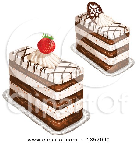 Clipart of Rectangular Layered Cakes Topped with Chocolate Lattice, a Strawberry and Cream - Royalty Free Vector Illustration by merlinul