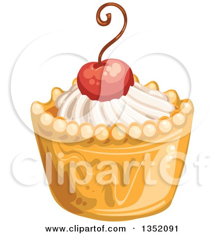 Clipart of a Cupcake or Tart with White Frosting and a Cherry - Royalty Free Vector Illustration by merlinul