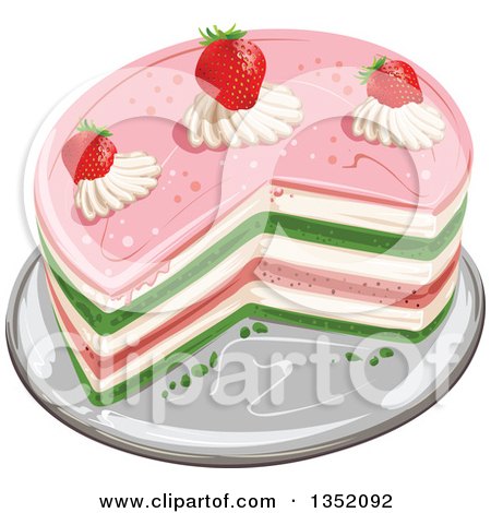 Clipart of a Colorful Round Layered Cake Topped with Strawberries and Cream - Royalty Free Vector Illustration by merlinul