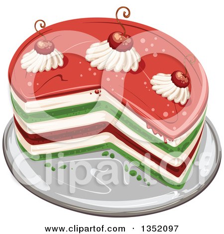 Clipart of a Colorful Round Layered Cake Topped with Cherries and Cream - Royalty Free Vector Illustration by merlinul