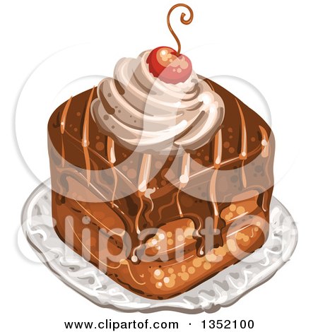 Clipart of a Square Chocolate Cake Topped with a Cherry and Cream - Royalty Free Vector Illustration by merlinul