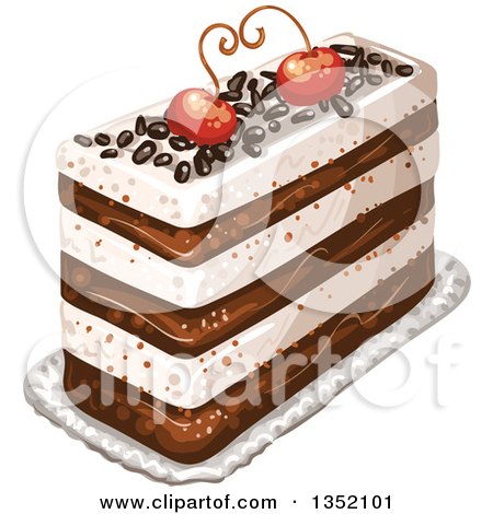 Clipart of a Rectangular Layered Cake Topped with Chocolate Sprinkles and Cherries - Royalty Free Vector Illustration by merlinul
