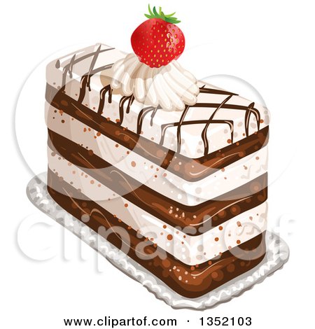 Clipart of a Rectangular Layered Cake Topped with Chocolate Lattice, a Strawberry and Cream - Royalty Free Vector Illustration by merlinul