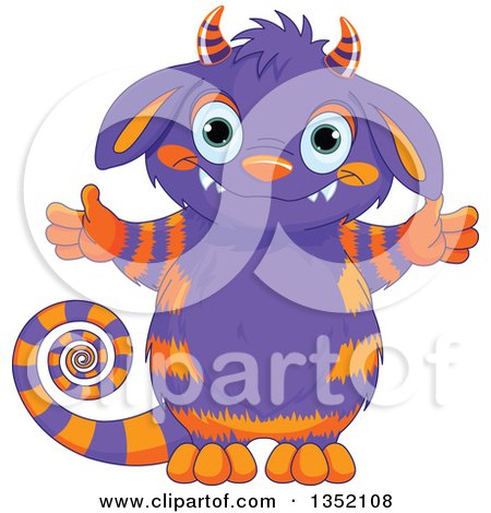 Clipart of a Cute Welcoming Purple and Orange Monster with a Curly Tail - Royalty Free Vector Illustration by Pushkin