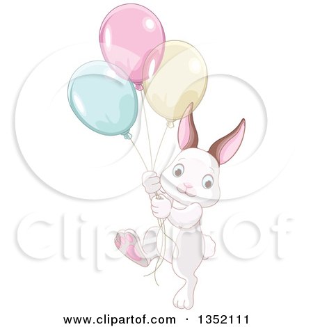 Clipart of a Cute Bunny Rabbit Marching with Colorful Party Balloons - Royalty Free Vector Illustration by Pushkin