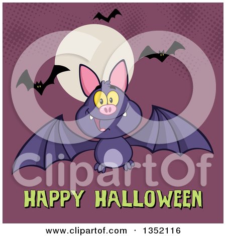 Clipart of a Cartoon Flying Purple Vampire Bat over Happy Halloween Text and a Full Moon on Purple with Halftone - Royalty Free Vector Illustration by Hit Toon
