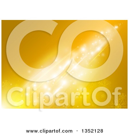 Clipart of a Christmas Background of Snowflakes on Golden Yellow with Flares of Light - Royalty Free Vector Illustration by dero