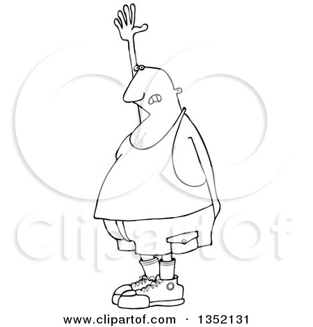 Outline Clipart of a Cartoon Black and White Chubby Man Raising His Hand, Needing to Go to the Bathroom - Royalty Free Lineart Vector Illustration by djart