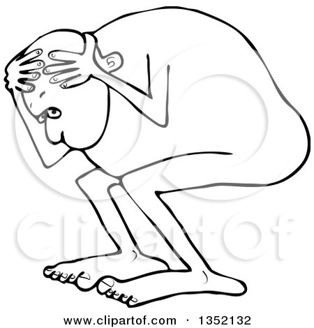 Outline Clipart of a Cartoon Black and White Man Cowering, Scared and Naked - Royalty Free Lineart Vector Illustration by djart