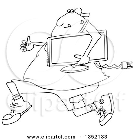 Outline Clipart of a Cartoon Black and White Chubby Juvenile Deliquent Man Looting and Running with a Stolen Television - Royalty Free Lineart Vector Illustration by djart