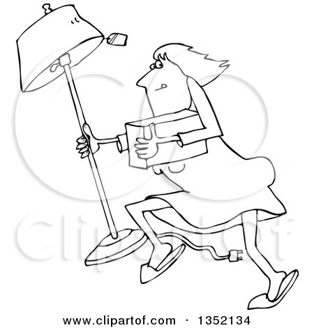 Outline Clipart of a Cartoon Black and White White Woman Looting and Running with a Stolen Lamp - Royalty Free Lineart Vector Illustration by djart