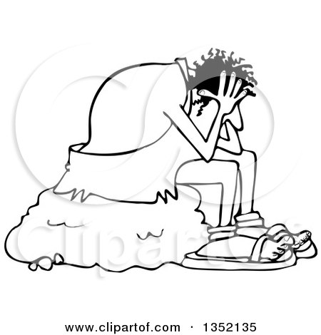 Outline Clipart of a Cartoon Black and White Stressed Caveman Sitting on a Boulder and Resting His Head in His Hands - Royalty Free Lineart Vector Illustration by djart