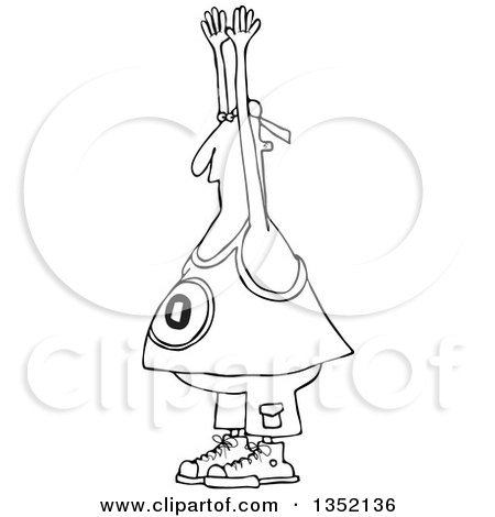 Outline Clipart of a Cartoon Black and White Chubby Juvenile Deliquent Man Holding up His Hands - Royalty Free Lineart Vector Illustration by djart
