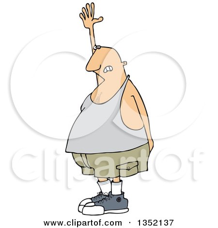 Clipart of a Cartoon Chubby White Man Raising His Hand, Needing to Go to the Bathroom - Royalty Free Vector Illustration by djart