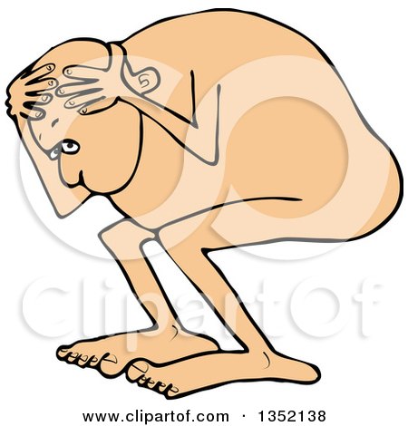 Clipart of a Cartoon White Man Cowering, Scared and Naked - Royalty Free Vector Illustration by djart