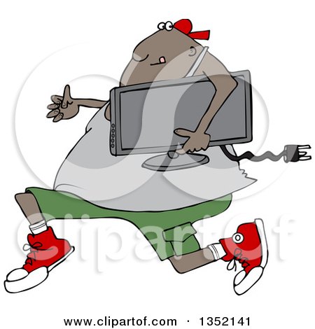 Clipart of a Cartoon Chubby Black Juvenile Deliquent Man Looting and Running with a Stolen Television - Royalty Free Vector Illustration by djart