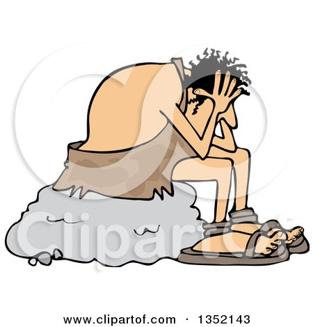 Clipart of a Cartoon Stressed Caveman Sitting on a Boulder and Resting His Head in His Hands - Royalty Free Vector Illustration by djart