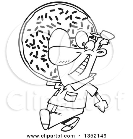 Outline Clipart of a Cartoon Black and White Happy Worker Man Carrying a Giant Sprinkle Donut - Royalty Free Lineart Vector Illustration by toonaday