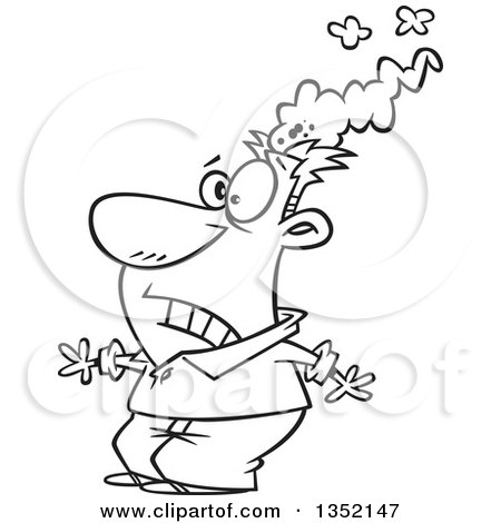 Outline Clipart of a Cartoon Black and White Brain Blasted Man with a Smoking Head - Royalty Free Lineart Vector Illustration by toonaday