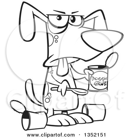 Outline Clipart of a Cartoon Black and White Dog Eating a Gross Can of Wet Food - Royalty Free Lineart Vector Illustration by toonaday