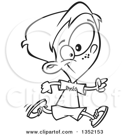 Outline Clipart of a Cartoon Black and White Happy School Boy Running in Gym Glass - Royalty Free Lineart Vector Illustration by toonaday