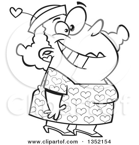 Outline Clipart of a Cartoon Black and White Happy Chubby Lady Decked out in a Heart Dress - Royalty Free Lineart Vector Illustration by toonaday