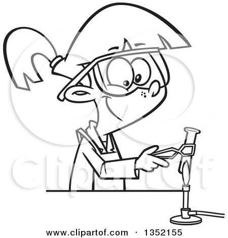 Outline Clipart of a Cartoon Black and White Girl Heating a Test Tube over a Flame in Science Class - Royalty Free Lineart Vector Illustration by toonaday