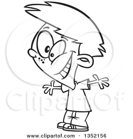 Outline Clipart of a Cartoon Black and White Excited Boy Cheering and Grinning - Royalty Free Lineart Vector Illustration by toonaday