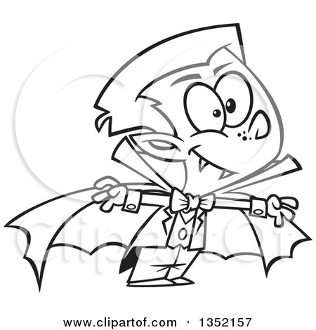 Outline Clipart of a Cartoon Black and White Halloween Vampire Boy - Royalty Free Lineart Vector Illustration by toonaday