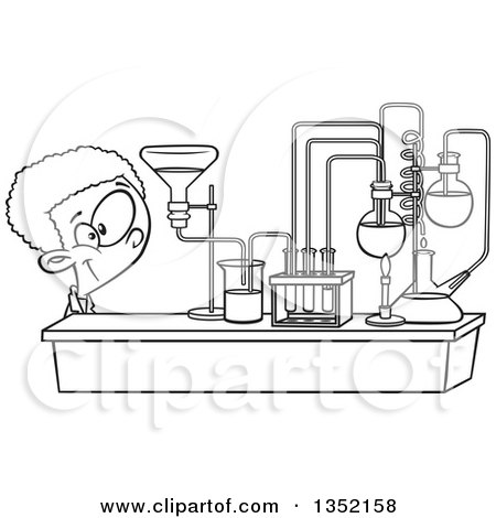 Outline Clipart of a Cartoon Black and White African School Boy Looking at His Lab Setup in Science Class - Royalty Free Lineart Vector Illustration by toonaday