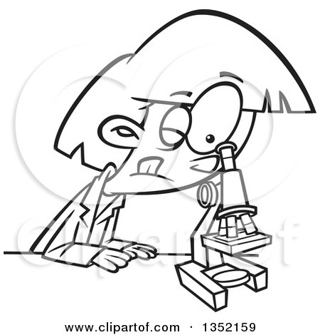 Outline Clipart of a Cartoon Black and White Girl Looking Through a Microscope in Science Class - Royalty Free Lineart Vector Illustration by toonaday