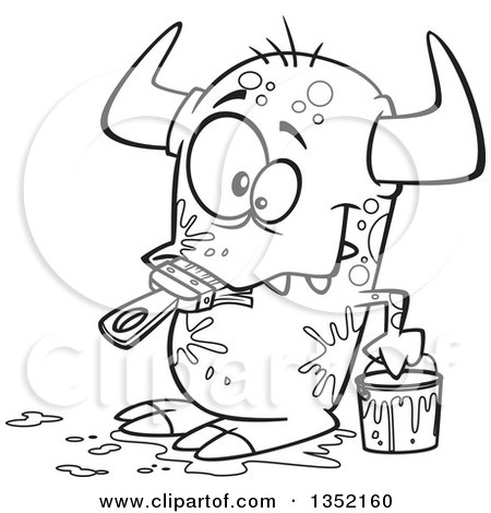 Outline Clipart of a Cartoon Black and White Horned Monster Eating a Paintbrush, Covered in Splatters - Royalty Free Lineart Vector Illustration by toonaday