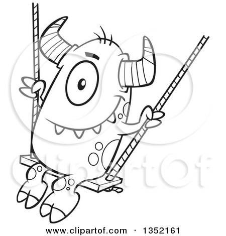 Outline Clipart of a Cartoon Black and White Horned Monster on a Swing - Royalty Free Lineart Vector Illustration by toonaday