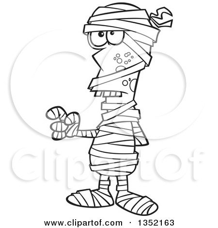 Outline Clipart of a Cartoon Black and White Halloween Mummy Holding up a Finger - Royalty Free Lineart Vector Illustration by toonaday