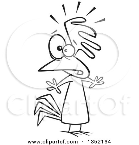 Outline Clipart of a Cartoon Black and White Nervous Chicken - Royalty Free Lineart Vector Illustration by toonaday