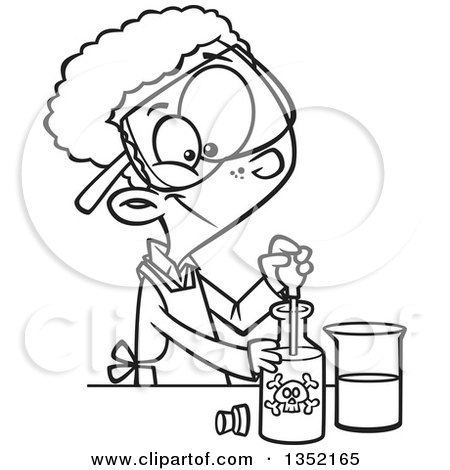 Outline Clipart of a Cartoon Black and White African School Boy Using a Pipette to Mix Chemicals in Science Class - Royalty Free Lineart Vector Illustration by toonaday