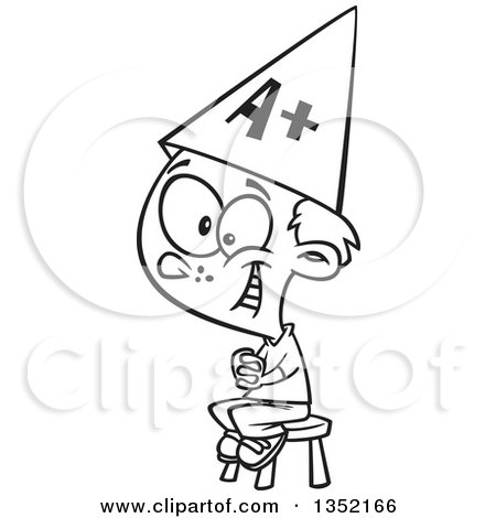 Outline Clipart of a Cartoon Black and White Happy Smart School Boy Sitting on a Stool and Wearing an a Plus Hat - Royalty Free Lineart Vector Illustration by toonaday