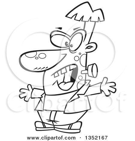 Outline Clipart of a Cartoon Black and White Halloween Frankenstine Being Scary - Royalty Free Lineart Vector Illustration by toonaday