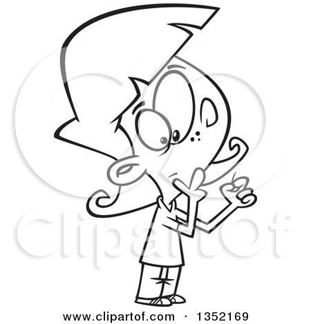 Outline Clipart of a Cartoon Black and White Girl Holding a Short Straw - Royalty Free Lineart Vector Illustration by toonaday