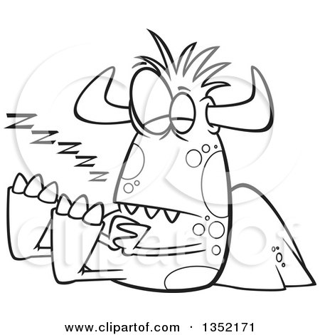 Outline Clipart of a Cartoon Black and White Horned Monster Sleeping Against a Boulder - Royalty Free Lineart Vector Illustration by toonaday