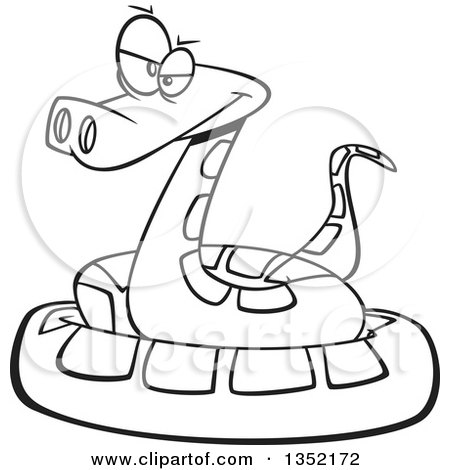 Outline Clipart of a Cartoon Black and White Annoyed Coiled Snake - Royalty Free Lineart Vector Illustration by toonaday