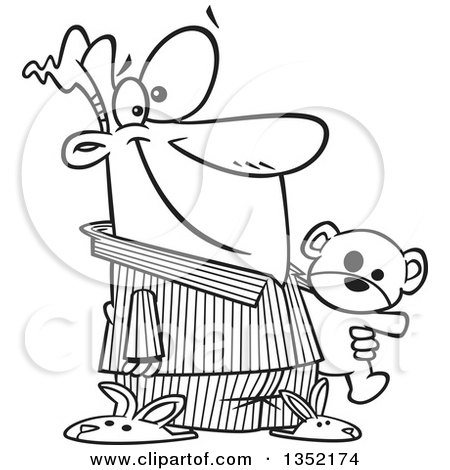 Outline Clipart of a Cartoon Black and White Happy Man in His Pajamas and Bunny Slippers, Holding a Teddy Bear - Royalty Free Lineart Vector Illustration by toonaday