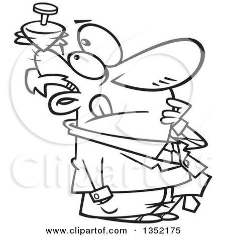 Outline Clipart of a Cartoon Black and White Thinking Businessman with a Top Spinning on His Head - Royalty Free Lineart Vector Illustration by toonaday