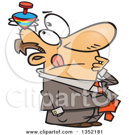 Clipart of a Cartoon Thinking White Businessman with a Top Spinning on His Head - Royalty Free Vector Illustration by toonaday