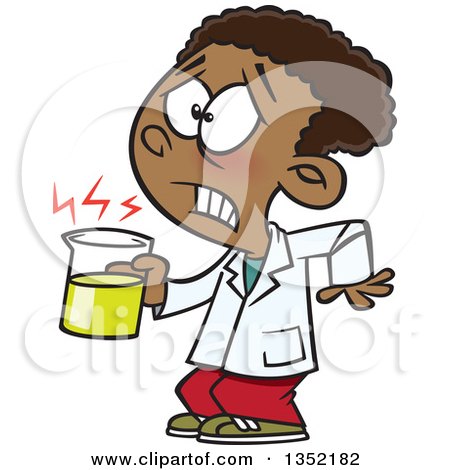 Clipart of a Cartoon Black School Boy Holding a Hot Cup in Science Class - Royalty Free Vector Illustration by toonaday