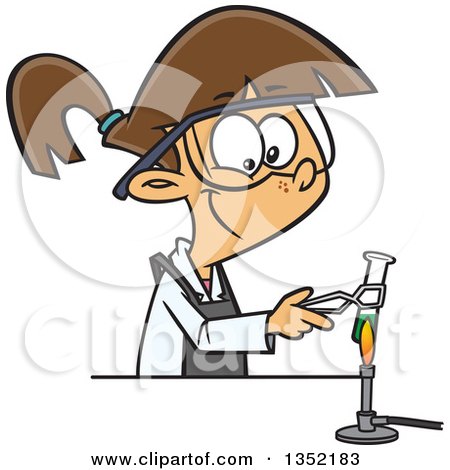 Clipart of a Cartoon Brunette White Girl Heating a Test Tube over a Flame in Science Class - Royalty Free Vector Illustration by toonaday