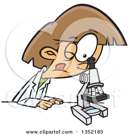 Clipart of a Cartoon Brunette White Girl Looking Through a Microscope in Science Class - Royalty Free Vector Illustration by toonaday